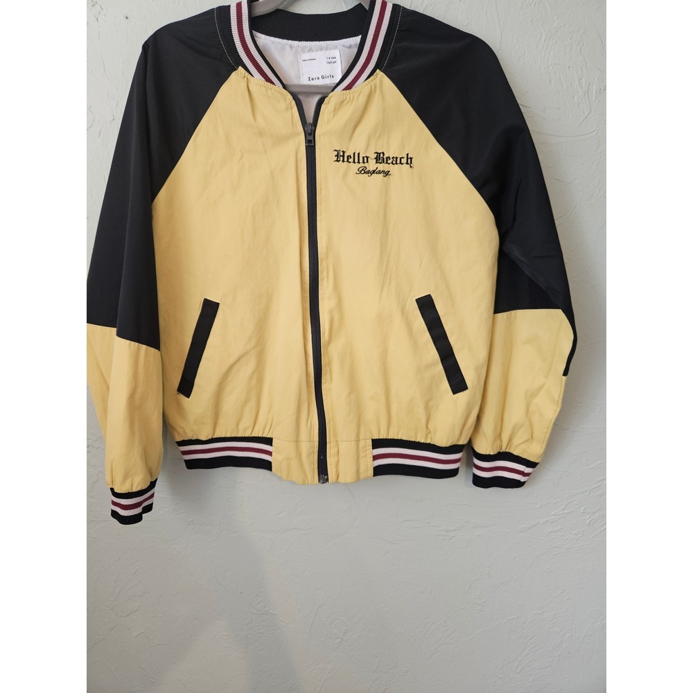 Zara Girls Yellow Black Hello Beach Baglong Bomber‎ Jacket Size 14 16